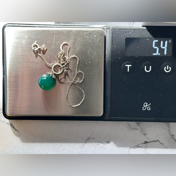 Sterling silver necklace Green Chalcedony, on box chain round pendant 1872 R - Picture 8 of 12